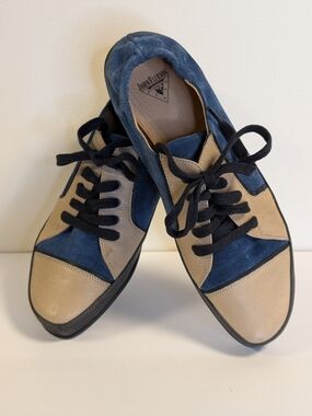 John Fluevog Desires Tutor Navy and Tan Suede Lace-Up Sneakers Women's Size 9